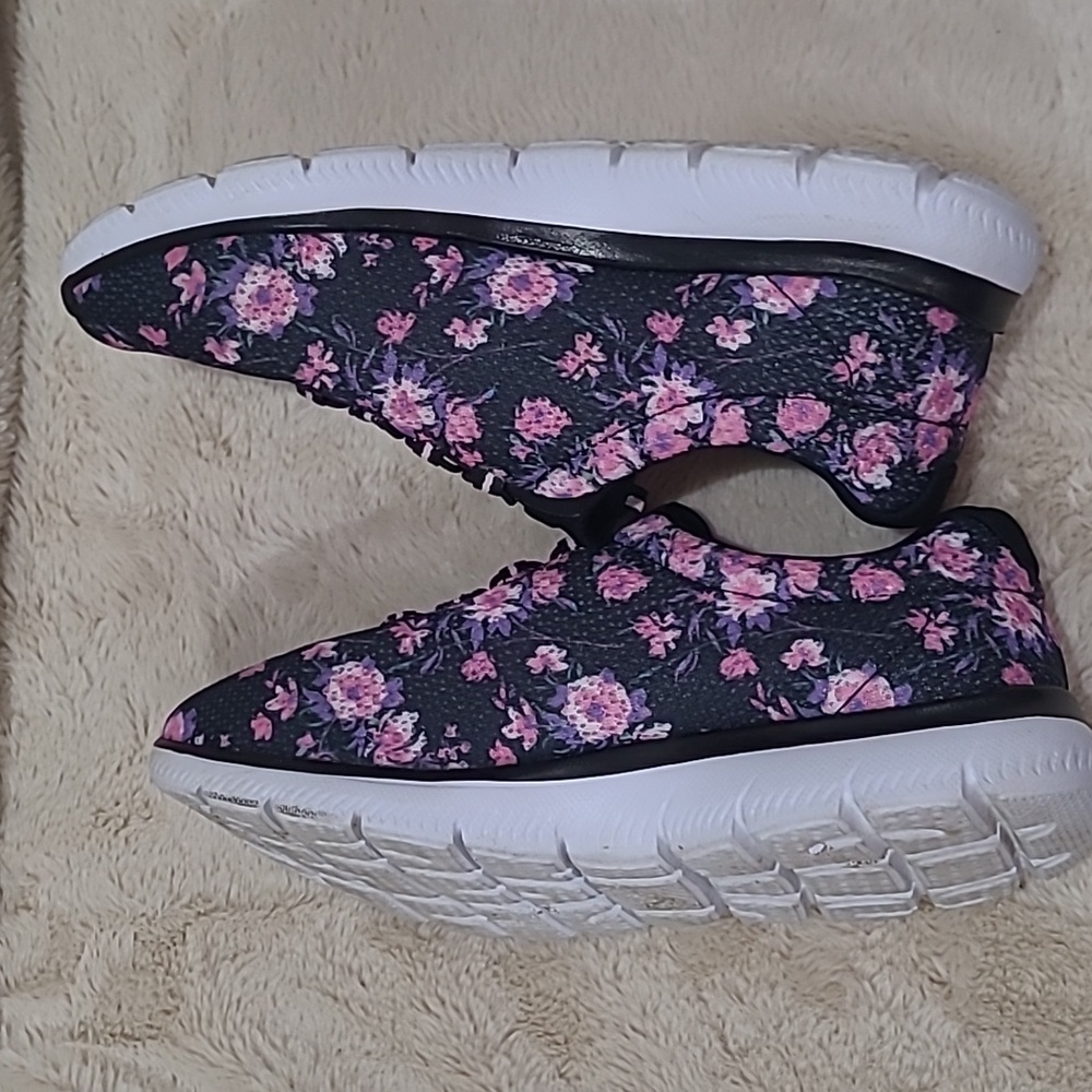 Skechers Women's Black and Pink Floral Sneakers - Picture 4 of 6